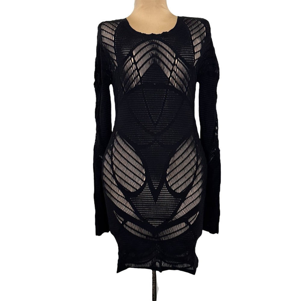 Wolford Knit Net Lace Bodycon Dress‎ Long Sleeve Sheer Black Geometric Large
